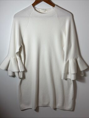 By Anthropologie XL Ivory Knit Sweater Dress Ruffle Bell Sleeve Shift Dress